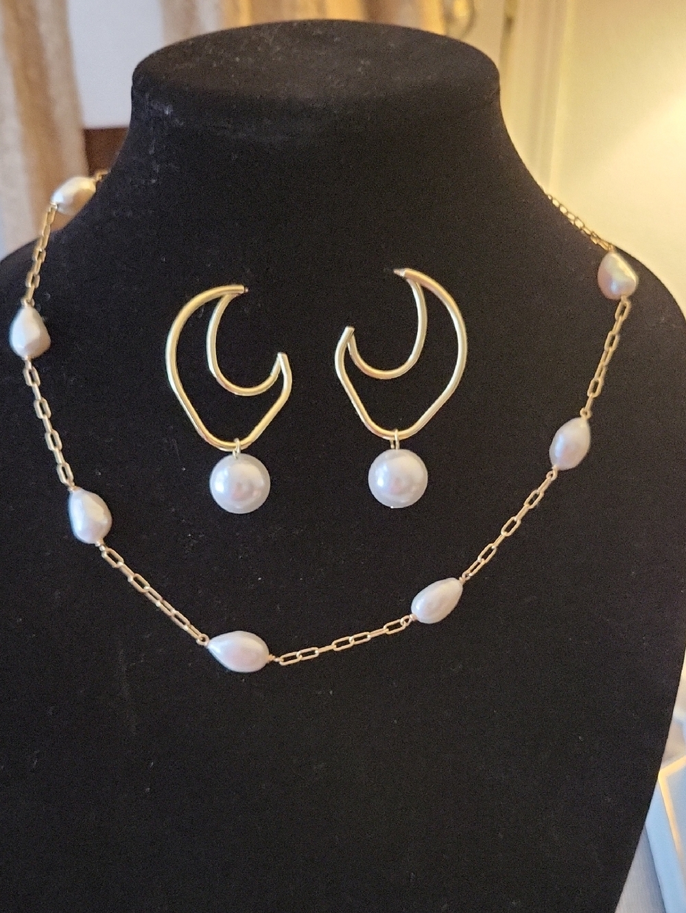 Gold Tone Paperclip Necklace With Pearls & Matching Earrings From Macy's